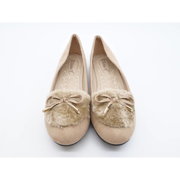 Victoria K Womens 10 Flats Beige Faux Suede Faux Fur Bow Accent Slip On Shoes - Picture 7 of 11